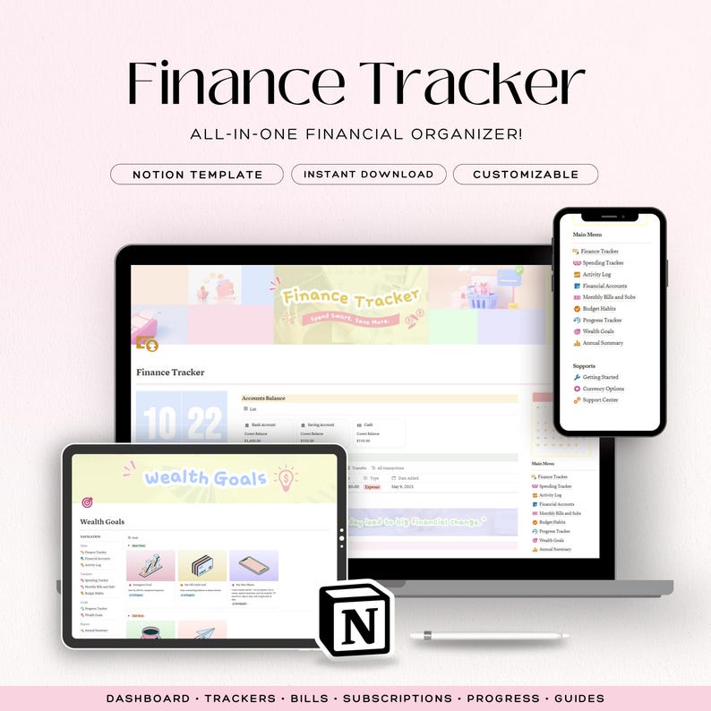 Puede incluir: Un rastreador financiero digital que se muestra en una computadora port&aacute;til, tableta y tel&eacute;fono inteligente. Las pantallas muestran herramientas de organizaci&oacute;n financiera con el texto "Finance Tracker" y "Wealth Goals". La imagen incluye el logotipo de Notion.