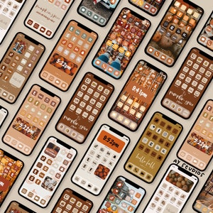May include: A collection of phone screens with custom app icons featuring a fall theme. The icons are in shades of brown, orange, and cream with images of pumpkins, leaves, and other fall imagery. The text on the screens includes "Pumpkin Spice", "Hello Fall", and "9:41pm".