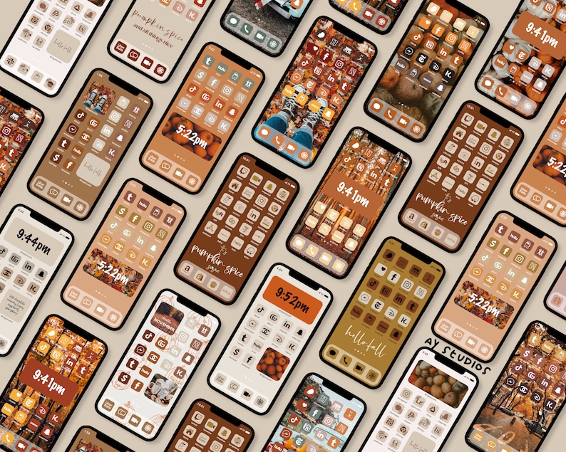 May include: A collection of phone screens with custom app icons featuring a fall theme. The icons are in shades of brown, orange, and cream with images of pumpkins, leaves, and other fall imagery. The text on the screens includes "Pumpkin Spice", "Hello Fall", and "9:41pm".