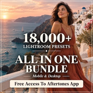 May include: A digital product advertisement featuring the text 18,000+ LIGHTROOM PRESETS ALL IN ONE BUNDLE Mobile & Desktop Free Access To Aftertones App, overlaid on a scene of a person in a rust-colored dress overlooking a coastal sunset.