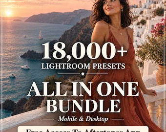 May include: A digital product advertisement featuring the text 18,000+ LIGHTROOM PRESETS ALL IN ONE BUNDLE Mobile & Desktop Free Access To Aftertones App, overlaid on a scene of a person in a rust-colored dress overlooking a coastal sunset.