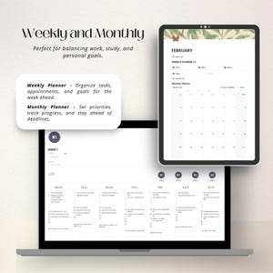 Puede incluir: Un planificador digital en la pantalla de una computadora port&aacute;til con un dise&ntilde;o de calendario semanal y mensual. El planificador est&aacute; dise&ntilde;ado para ayudar a los usuarios a organizar tareas, citas y objetivos. El texto en la pantalla dice "Semanal y Mensual, Perfecto para equilibrar el trabajo, el estudio y las metas personales."