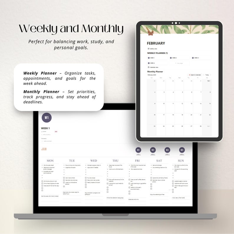 Puede incluir: Un planificador digital en la pantalla de una computadora port&aacute;til con un dise&ntilde;o de calendario semanal y mensual. El planificador est&aacute; dise&ntilde;ado para ayudar a los usuarios a organizar tareas, citas y objetivos. El texto en la pantalla dice "Semanal y Mensual, Perfecto para equilibrar el trabajo, el estudio y las metas personales."
