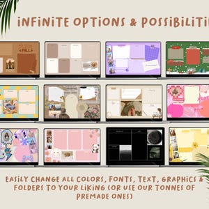 May include: A collection of colorful desktop backgrounds with different layouts and designs. The backgrounds feature various themes, including fall, nature, and abstract patterns. The text "INFINITE OPTIONS & POSSIBILITIES" is displayed at the top of the image.