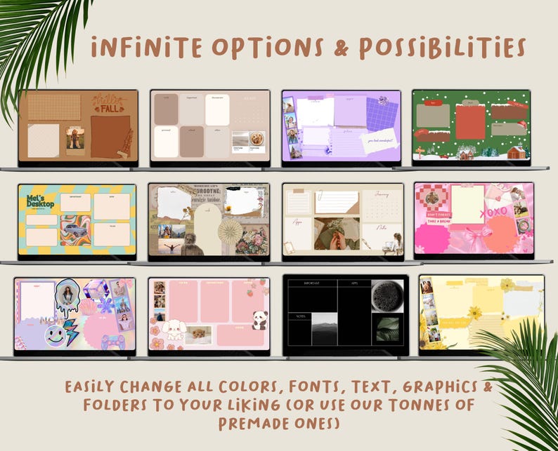 May include: A collection of colorful desktop backgrounds with different layouts and designs. The backgrounds feature various themes, including fall, nature, and abstract patterns. The text "INFINITE OPTIONS & POSSIBILITIES" is displayed at the top of the image.