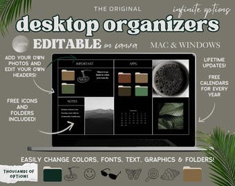 May include: Editable desktop organizer template for Mac and Windows. The template features a black background with a grid layout. The template includes sections for important tasks, notes, apps, and a calendar. The template also includes free icons and folders. The template is easily customizable with different colors, fonts, text, graphics, and folders.