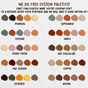 May include: A digital illustration of ten different color palettes inspired by autumn. Each palette features five colors in a row, with names like "Pumpkin", "Cottage", "September", "Maple", "Scare-Crow", "Hot Chocolate", "Fall Season", "Coffee", "October", and "Acorn".