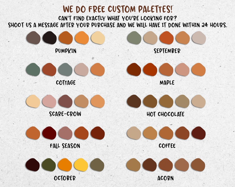May include: A digital illustration of ten different color palettes inspired by autumn. Each palette features five colors in a row, with names like "Pumpkin", "Cottage", "September", "Maple", "Scare-Crow", "Hot Chocolate", "Fall Season", "Coffee", "October", and "Acorn".