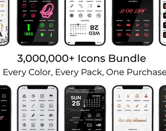 May include: A collection of iPhone home screens showcasing different icon packs and colour schemes. The text "3,000,000+ Icons Bundle" and "Every Color, Every Pack, One Purchase" is displayed on the image.