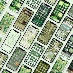 May include: A collection of green and white phone home screen icons with various designs, including plants, geometric shapes, and text. The icons are arranged in a grid pattern on a light green background. The text on the icons includes "You got this." and "AY Studios".