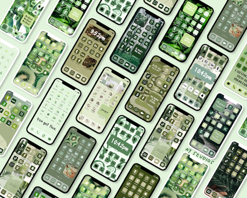 May include: A collection of green and white phone home screen icons with various designs, including plants, geometric shapes, and text. The icons are arranged in a grid pattern on a light green background. The text on the icons includes "You got this." and "AY Studios".