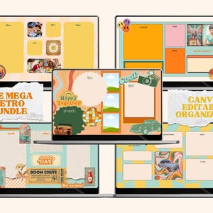 May include: A set of digital planner templates with a retro theme. The templates feature colorful designs with geometric shapes, illustrations of cars, and text that says "Happy Together", "Cool", "Good Day", and "Boom Chute".