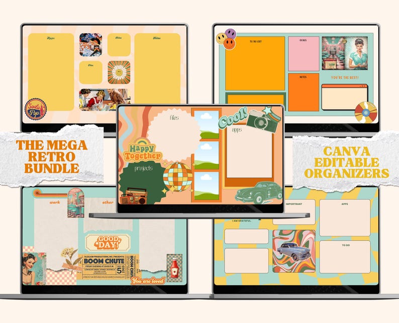May include: A set of digital planner templates with a retro theme. The templates feature colorful designs with geometric shapes, illustrations of cars, and text that says "Happy Together", "Cool", "Good Day", and "Boom Chute".