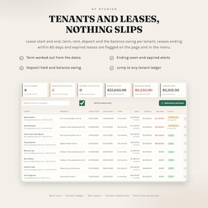Tenants and leases: term, deposit, balance, renewal alerts