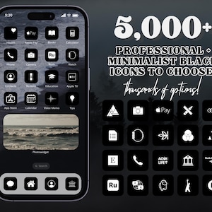 Paquete de iconos de aplicaciones personalizados en blanco y negro / 5000 iconos minimalistas de iOS 18 / iPhone y iPad / Widgets personalizados Iconos minimalistas en blanco y negro