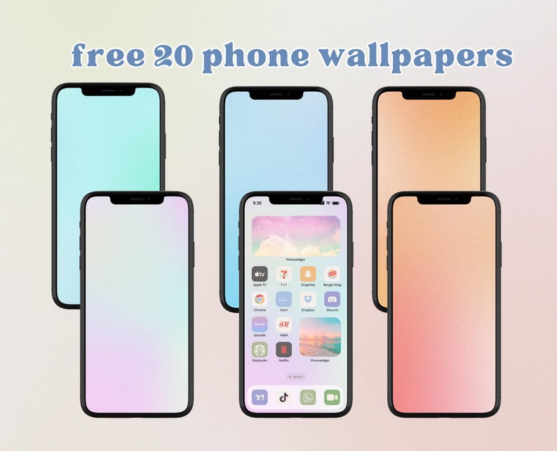May include: Five different phone wallpapers displayed on iPhone screens. The wallpapers are all gradient backgrounds in various shades of blue, pink, and orange.