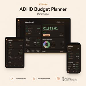 May include: A digital ADHD Budget Planner in a dark theme displayed on a laptop, tablet, and smartphone. The interface features the text Clear Spend, financial data, a pie chart, and lists of upcoming bills with currency values in euros.