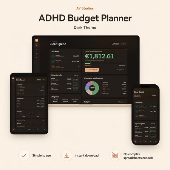 ADHD Budget Planner | Dark Theme Budget Tracker | Simple Budget Dashboard | Expense & Income Planner | Browser App