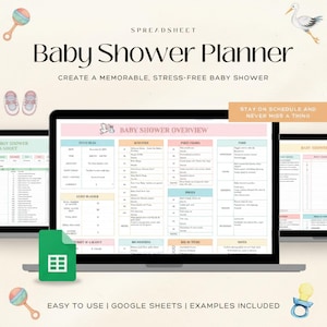 May include: A digital baby shower planner displayed on a laptop screen, featuring a pastel color scheme and organized sections for event planning, activities, and party favors. The text reads "Baby Shower Planner" and "Create a memorable, stress-free baby shower."