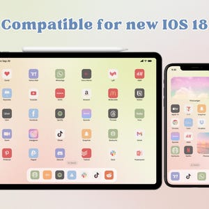 May include: A screenshot of an iPad and iPhone displaying a customised home screen with a variety of app icons. The background is a gradient of pink, yellow, and blue. The text "Compatible for new IOS 18" is displayed at the top of the image.