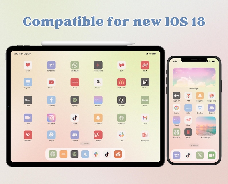 May include: A screenshot of an iPad and iPhone displaying a customised home screen with a variety of app icons. The background is a gradient of pink, yellow, and blue. The text "Compatible for new IOS 18" is displayed at the top of the image.