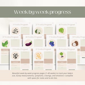 May include: A set of pregnancy progress pages with the text "Week by week progress." Each page features a week number, illustrations of food, and space for notes. The pages are designed to track baby's size, measurements, symptoms, cravings, and emotions.