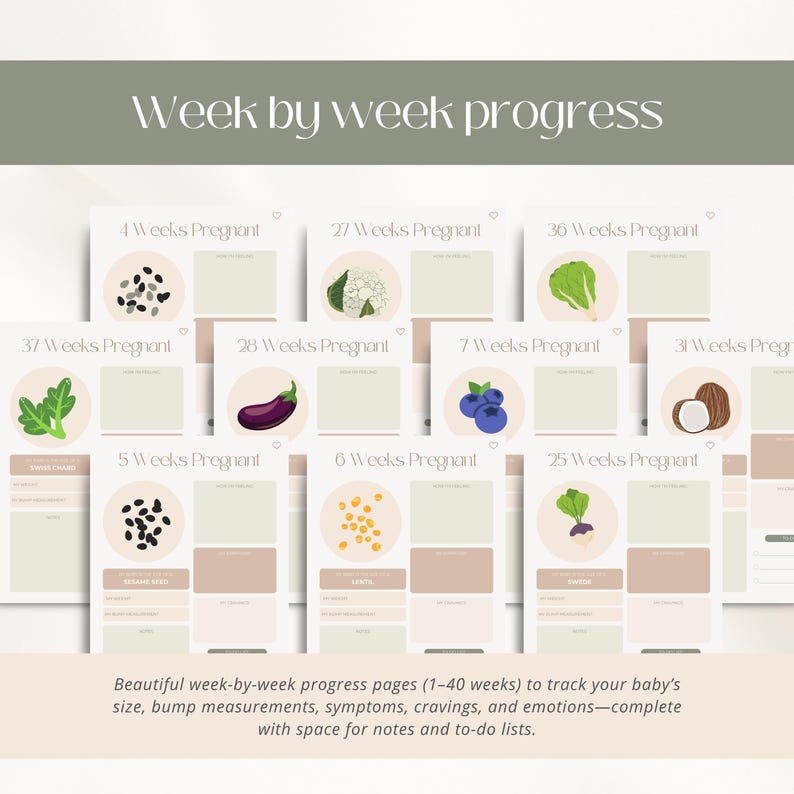 May include: A set of pregnancy progress pages with the text "Week by week progress." Each page features a week number, illustrations of food, and space for notes. The pages are designed to track baby's size, measurements, symptoms, cravings, and emotions.