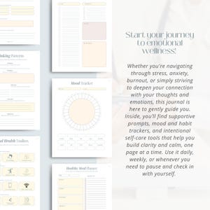May include: A collection of open journals with various layouts, including a mood tracker and a meal planner. The text reads, "Start your journey to emotional wellness!" and describes the journal's features for self-care.