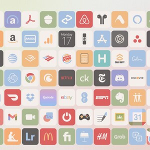 May include: A grid of colourful app icons, including popular apps such as Netflix, Amazon, eBay, and Calm. The icons are arranged in a grid pattern on a light pink background.