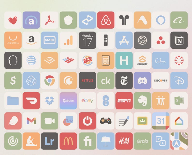 May include: A grid of colourful app icons, including popular apps such as Netflix, Amazon, eBay, and Calm. The icons are arranged in a grid pattern on a light pink background.
