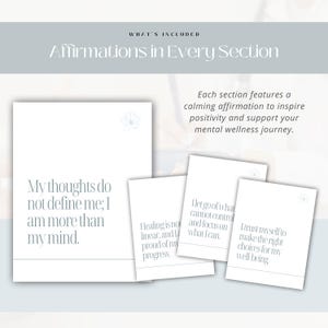 May include: A collection of white affirmation cards with inspirational quotes. The cards feature phrases like "My thoughts do not define me; I am more than my mind." and "I trust myself to make the right choices for my well being."