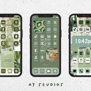 May include: Three screenshots of a mobile phone with a green and white color scheme. The phone screen displays a variety of app icons, including social media, streaming, and shopping apps. The phone's home screen also features a green background with a leafy pattern and the text "DON'T STOP UNTIL YOU'RE".