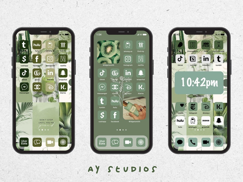 May include: Three screenshots of a mobile phone with a green and white color scheme. The phone screen displays a variety of app icons, including social media, streaming, and shopping apps. The phone's home screen also features a green background with a leafy pattern and the text "DON'T STOP UNTIL YOU'RE".