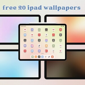 May include: A collection of 20 free iPad wallpapers featuring a variety of gradient backgrounds in shades of blue, pink, orange, and brown. The wallpapers are displayed on a mock-up of an iPad screen with a home screen featuring a grid of app icons.