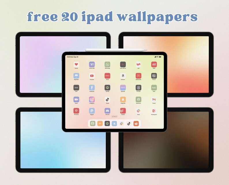 May include: A collection of 20 free iPad wallpapers featuring a variety of gradient backgrounds in shades of blue, pink, orange, and brown. The wallpapers are displayed on a mock-up of an iPad screen with a home screen featuring a grid of app icons.
