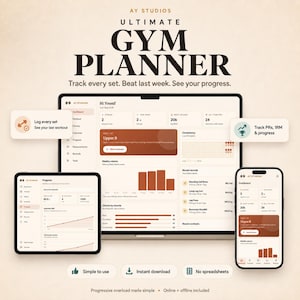 May include: A digital gym planner interface displayed on a laptop, tablet, and smartphone. The screen shows workout tracking data, including sets, volume, and progress charts in shades of brown and cream. Text includes AY STUDIOS ULTIMATE GYM PLANNER.