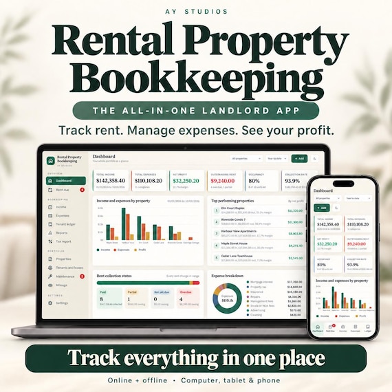 Rental Property Bookkeeping App Landlord Income Expense Tracker Tenant Ledger Rent Tracker Tax Report Multi Property Works Offline