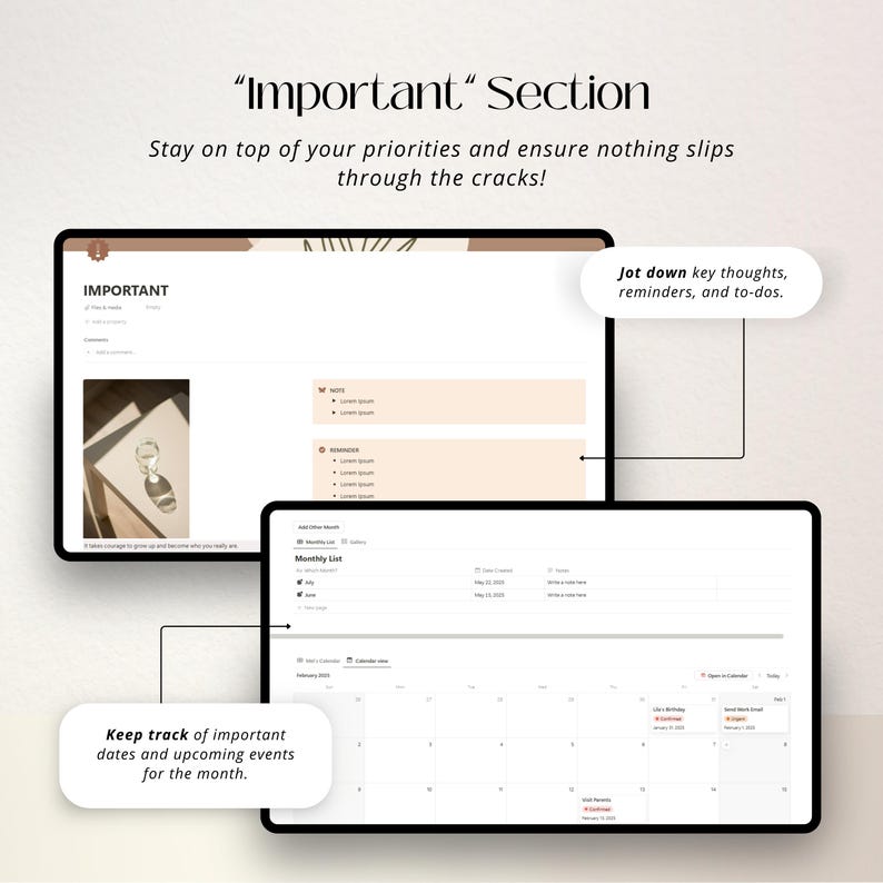 Puede incluir: Una pantalla de ordenador que muestra un calendario con la palabra "Importante" en la parte superior. El calendario est&aacute; dividido en meses y d&iacute;as, con espacio para notas y recordatorios. El texto "Keep track of important dates and upcoming events for the month." est&aacute; debajo del calendario. El texto "Jot down key thoughts, reminders, and to-dos." est&aacute; en un cuadro a la derecha del calendario.