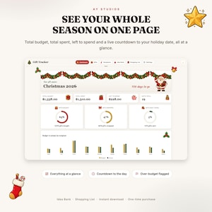 May include: A digital gift tracker dashboard interface titled AY STUDIOS SEE YOUR WHOLE SEASON ON ONE PAGE. It displays Christmas 2026 data, including a $1,538.00 budget, $1,310.00 spent, $228.00 left, a 106-day countdown, progress charts, and a bar graph.
