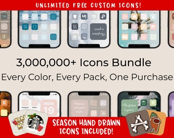 May include: A digital illustration of a phone screen with a variety of colourful icons. The text on the image reads "3,000,000+ Icons Bundle" and "Every Colour, Every Pack, One Purchase".