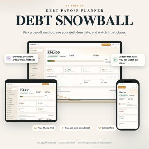 May include: A digital debt payoff planner interface displayed on a computer monitor, tablet, and smartphone. The dashboard features text including DEBT SNOWBALL, $34,430, and various financial metrics. The layout uses a beige and dark gray color scheme.
