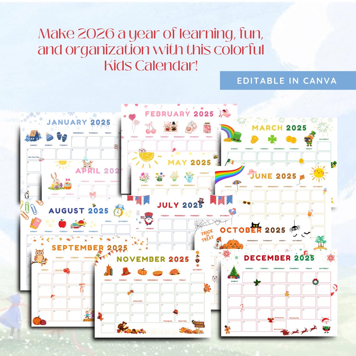 2026 Cute Calendar Printable, Kids Calendar 2026 Templates, Wall ...