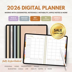 Könnte beinhalten: Ein digitaler Planer für 2026, kompatibel mit GoodNotes und anderen Apps. Das Bild zeigt ein Tablet mit einer monatlichen Kalenderansicht, mit einem Stift. Der Planer umfasst über 60 Seiten und über 15 Cover. Der Text sagt "SALE LIMITED TIME".
