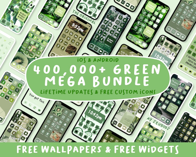 May include: A collage of green and white phone screens with icons and text. The text reads "iOS & Android 400,000+ Green Mega Bundle Lifetime Updates & Free Custom Icons Free Wallpapers & Free Widgets".
