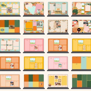 May include: A set of 16 digital desktop backgrounds in a retro 70s style. The backgrounds feature various colors, patterns, and graphics, including a car, a heart, a camera, and a peace sign. The backgrounds are perfect for adding a touch of vintage flair to your computer.