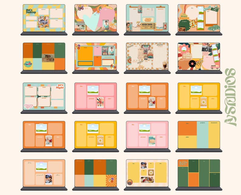 May include: A set of 16 digital desktop backgrounds in a retro 70s style. The backgrounds feature various colors, patterns, and graphics, including a car, a heart, a camera, and a peace sign. The backgrounds are perfect for adding a touch of vintage flair to your computer.