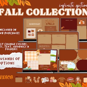 May include: A digital desktop collection with a fall theme. The collection includes various desktop backgrounds, folders, and icons. The backgrounds feature autumn leaves, pumpkins, and other fall-themed imagery. The text "FALL COLLECTION" is displayed in large, bold letters at the top of the image. The text "infinite options" is displayed in smaller letters below the title. The text "INCLUDED IN YOUR PURCHASE!" is displayed in the upper left corner of the image. The text "EASILY CHANGE COLORS, FONTS, TEXT, GRAPHICS & FOLDERS!" is displayed in the lower left corner of the image. The text "THOUSANDS OF OPTIONS" is displayed in the lower left corner of the image. The text "ASTUDIOS" is displayed in the lower left corner of the image.