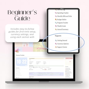 Puede incluir: Un port&aacute;til y una tableta muestran una interfaz de seguimiento financiero. La pantalla del port&aacute;til muestra un calendario y detalles de la cuenta. La tableta muestra un men&uacute; con opciones como "Spending Tracker". El texto dice "Beginner's Guide".