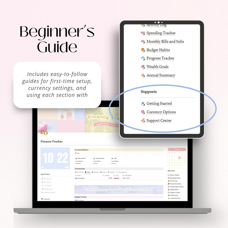 Puede incluir: Un port&aacute;til y una tableta muestran una interfaz de seguimiento financiero. La pantalla del port&aacute;til muestra un calendario y detalles de la cuenta. La tableta muestra un men&uacute; con opciones como "Spending Tracker". El texto dice "Beginner's Guide".