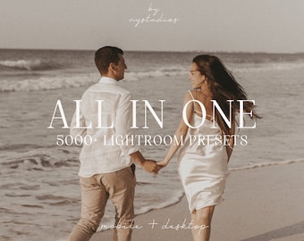 May include: A couple walks hand-in-hand on a sandy beach with the ocean in the background. The text "ALL IN ONE 5000+ LIGHTROOM PRESETS mobile + desktop" is displayed on the image.
